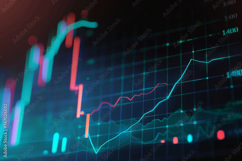 Poster close up of a stock market graph on a digital screen, with a blurred background of business charts a
