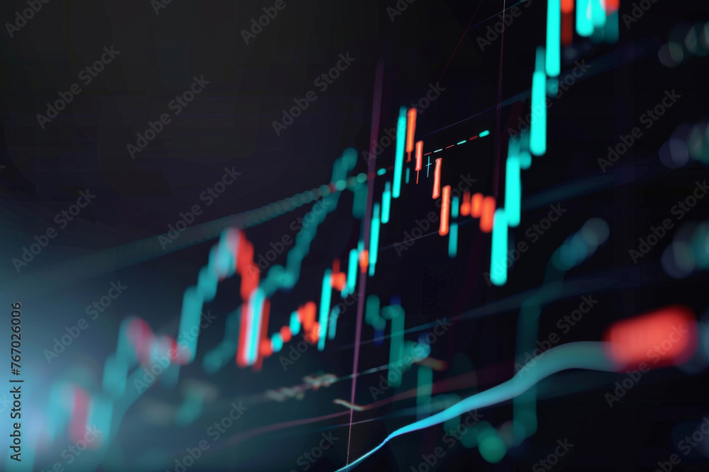 Poster close up of a stock market graph on a digital screen, with a blurred background of business charts a