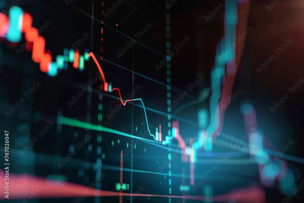 Poster close up of a stock market graph on a digital screen, with a blurred background of business charts a