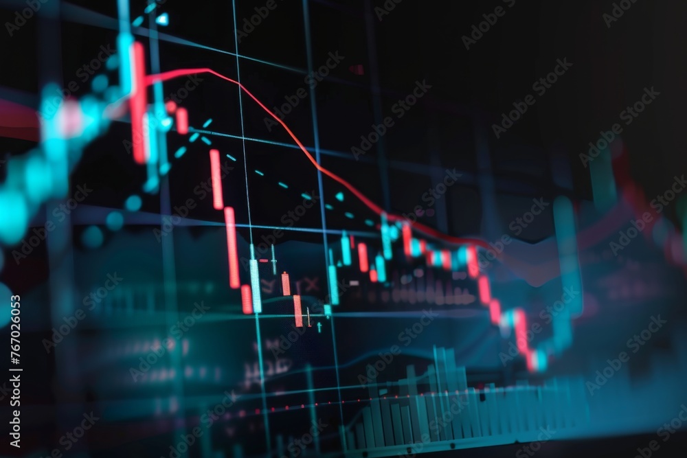 Poster close up of a stock market graph on a digital screen, with a blurred background of business charts a
