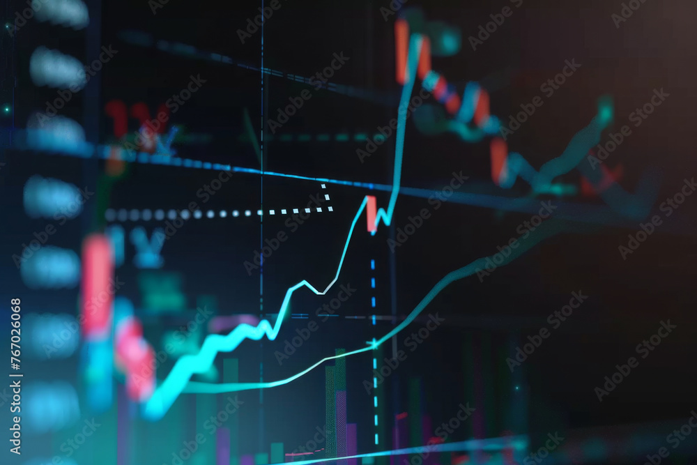 Poster close up of a stock market graph on a digital screen, with a blurred background of business charts a