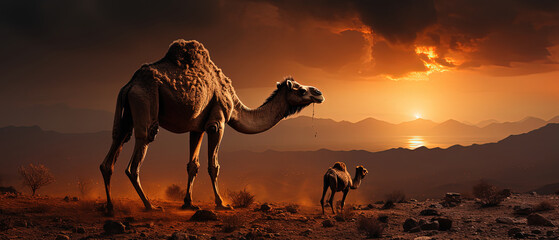 a camel that is walking in the desert