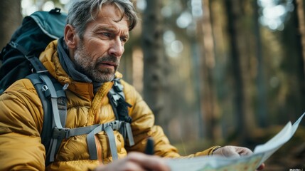 Focused mature man with beard hiking in the forest examining a map