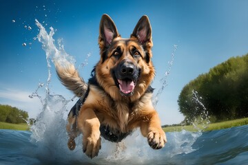 A dog (German Shepherd) jump into water