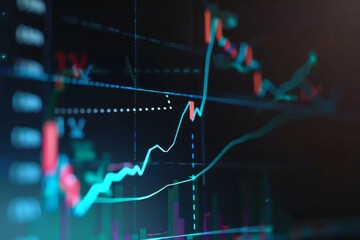 Close up of a stock market graph on a digital screen, with a blurred background of business charts and candlestick lines in the style of blurred lines - obrazy, fototapety, plakaty