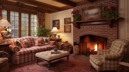 Fototapeta na wymiar Charming English country cottage sitting room with wainscoting brick fireplace inglenook and coffered ceiling beams.