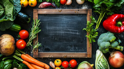 Top view of variety of organic vegetables. Board with wooden frame for text. Copy space. Farmer's market. Generative AI