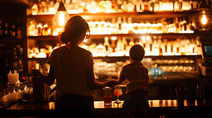 Cinematic photograph of a mother holding hand of two children at a bar having a drink . Mother's Day.