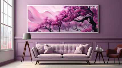 Radiant Pink Sofa Harmonizing with a Captivating Oil Painting in the Background, Exuding Elegance, and Sophistication in Contemporary Interior Design