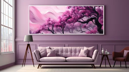 Rolgordijnen Radiant Pink Sofa Harmonizing with a Captivating Oil Painting in the Background, Exuding Elegance, and Sophistication in Contemporary Interior Design © Being Imaginative
