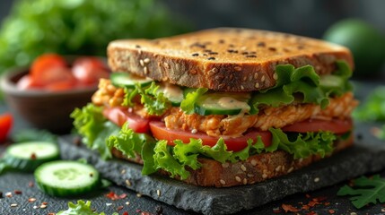   Sandwich with lettuce, tomato, cucumber, and lettuce on a slate board