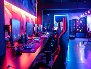 Modern gaming room with computer monitors and neon lighting. Selective focus