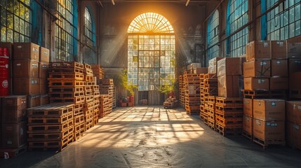  A warehouse brimming with numerous wooden pallets illuminated by sunlight streaming through the window above