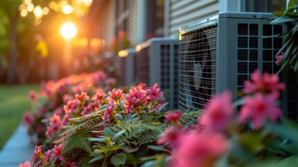   A pair of air conditioners placed on a window ledge alongside a verdant field of blossoms