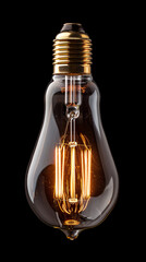 A single light bulb, with a bright, glowing filament glossy exterior isolated on a black background