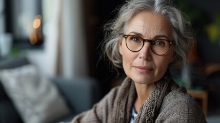  portrait of serious positive old mature woman with glasses in casual looking at camera, posing at home