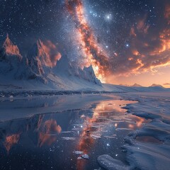 Frozen lake that mirrors the universe above stars and nebulae beneath the ice - obrazy, fototapety, plakaty