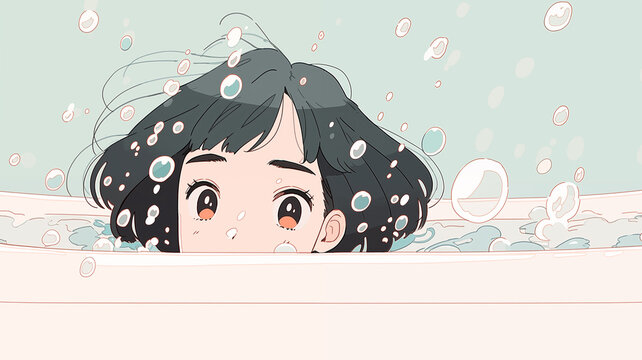 Hand drawn cartoon illustration of cute girl in bathtub
