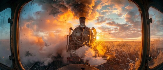 Steam engine train through a dusty glass window - obrazy, fototapety, plakaty