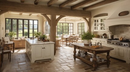 Fototapeta na wymiar Charming French country manor kitchen with stone floors wood beams vintage farmhouse sink and sun-drenched breakfast nook.