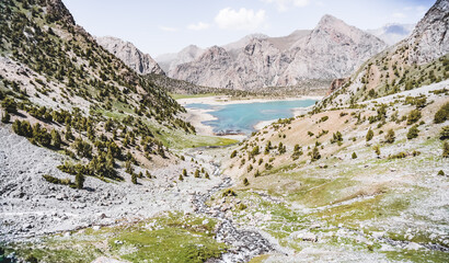 View of Lake Kulikalon and the Kulikalon Basin from a mountainside in the Fan Mountains in...