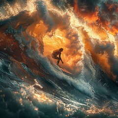 Windsurfing at the crest of a towering crystalline wave - obrazy, fototapety, plakaty