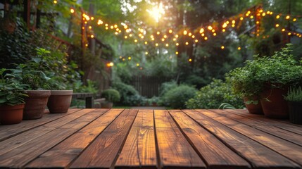   A wooden deck adorned with potted plants and a string of lights overhead - obrazy, fototapety, plakaty