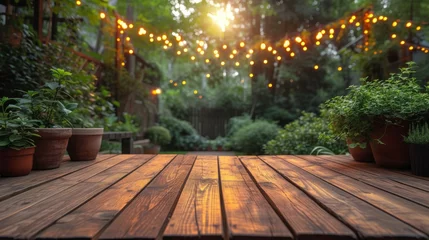 Foto op Plexiglas   A wooden deck adorned with potted plants and a string of lights overhead © Viktor