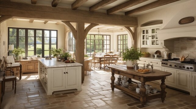 Charming French country manor kitchen with stone floors wood beams vintage farmhouse sink and sun-drenched breakfast nook.