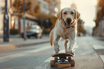 Cute labrador dog riding on skateboard on the city street
