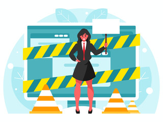 Businesswoman holding blank protest board. Protest concept. Under construction background. Website under construction page. Under maintenance. Vector graphics