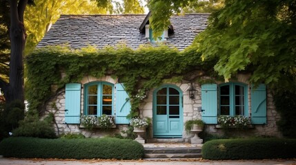 Fototapeta na wymiar Charming French eclectic cottage with turquoise shutters climbing ivy and whimsical architectural touches.