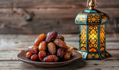 Dates in wooden bowl and Arabian lantern on wooden floor. Eid lamp or lantern for Ramadan and other Islamic Muslim holidays, with copy space for text