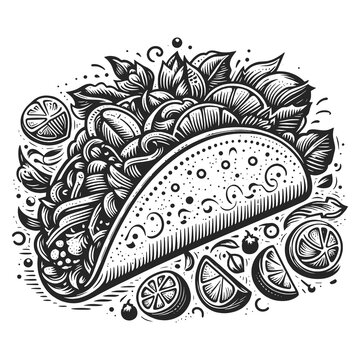 taco surrounded by ingredients and sauces, highlighting Mexican cuisine sketch engraving generative ai raster illustration. Scratch board imitation. Black and white image.