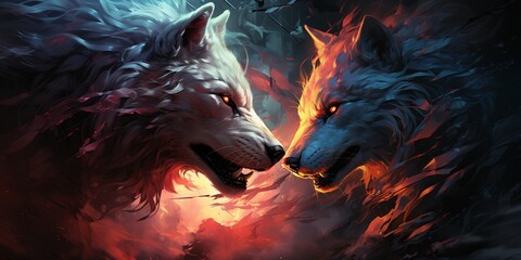 a white wolf with red eyes facing each other - obrazy, fototapety, plakaty