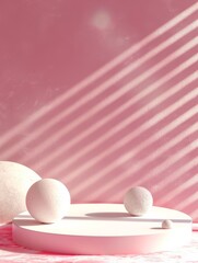 Fototapeta premium minimal abstract pink background for product presentation, with round podium and some geometric elements
