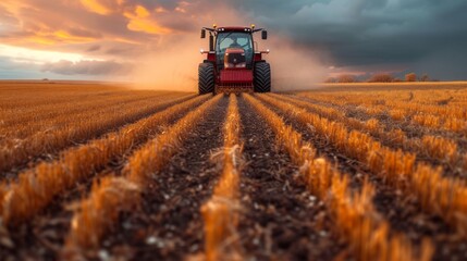   Red tractor plows wheat field under gray sky against dark-red, black backdrop
