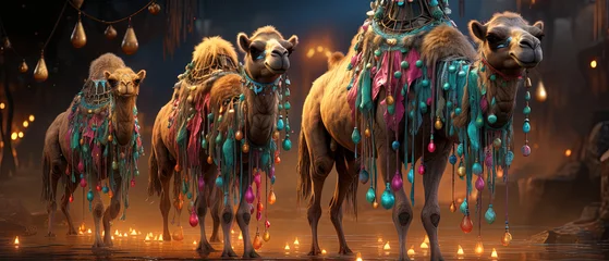  three camels with colorful decorations walking down a street at night © Masum
