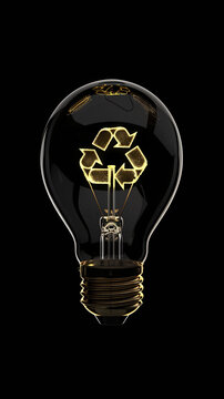 A single light bulb, with a bright, glowing filament that is shaped like the recycle symbol, brand new and glowing brightly, floating isolated against a deep, solid black background.