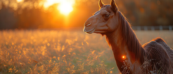 a horse that is standing in the grass at sunset - obrazy, fototapety, plakaty