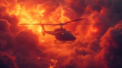   Helicopter flying in cloudy sky with sun behind it