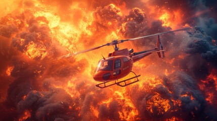   A helicopter flies in the sky with intense fires and billowing smoke in the background