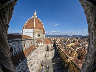 Fototapeta premium Florence Aerial view cityscape from giotto tower detail near Cathedral Santa Maria dei Fiori, Brunelleschi Dome Italy