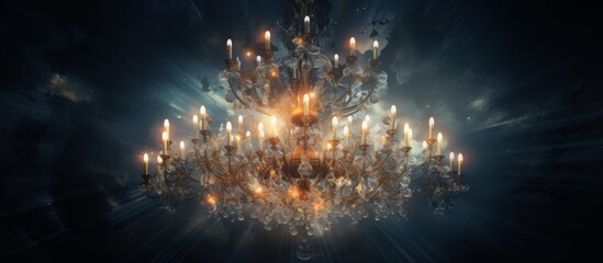 An electric blue chandelier with numerous candles hangs from the ceiling in a dark room, creating a mesmerizing art installation resembling fireworks on a midnight holiday event