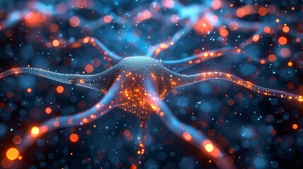 3D illustration depicting an artificial neuron in the context of artificial intelligence, with wall-shaped binary codes representing transmission lines of pulses or information to a microchip. - obrazy, fototapety, plakaty