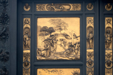 golden door of battistero of Giotto detail near Cathedral Santa Maria dei Fiori, Brunelleschi Dome Italy