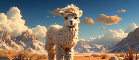 a llama standing in the desert with mountains in the background