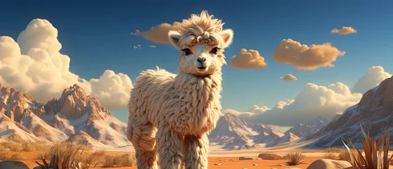 Poster a llama standing in the desert with mountains in the background © Masum