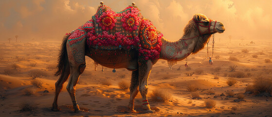 a camel with a colorful blanket on its back in the desert - obrazy, fototapety, plakaty