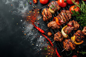 Meat grilled on skewers with onions and tomatoes, chili. Top view bbq concept with copy space. Grill food on dark background - obrazy, fototapety, plakaty